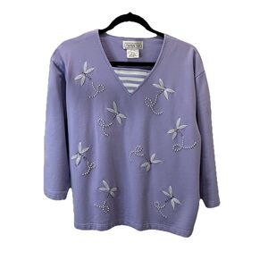 Vintage Mandal Bay Lavender Purple Dragonfly Embellished Beaded Shirt Size XL
